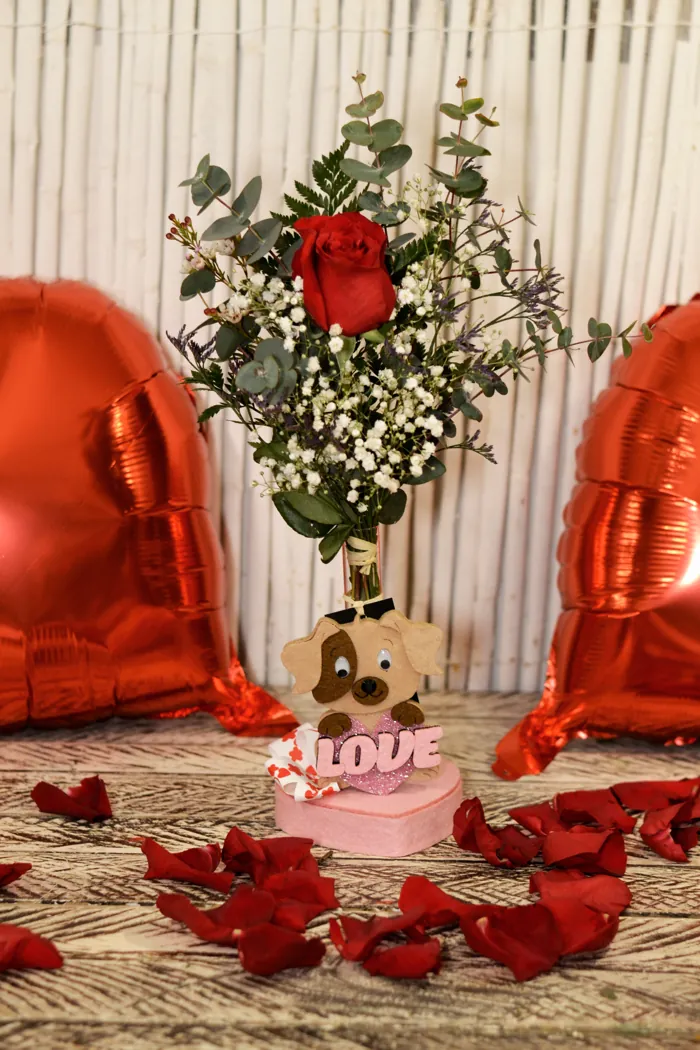 Rosa roja con perrito de peluche «Love» para San Valentín